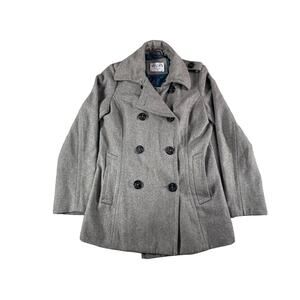 Delias Jacket Womens Medium Wool Gray Duffle Coat Plaid Lined Warm Collared